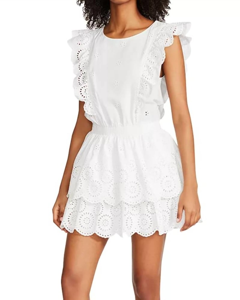 Front of a model wearing a size L Jayda Dress In White Eyelet in White Eyelet by STEVE MADDEN. | dia_product_style_image_id:344807